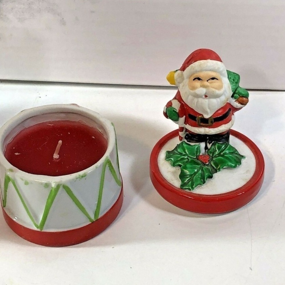 Vintage Woolworth Santa Claus Drum Candle Holder w Lid Ceramic Christmas Decor